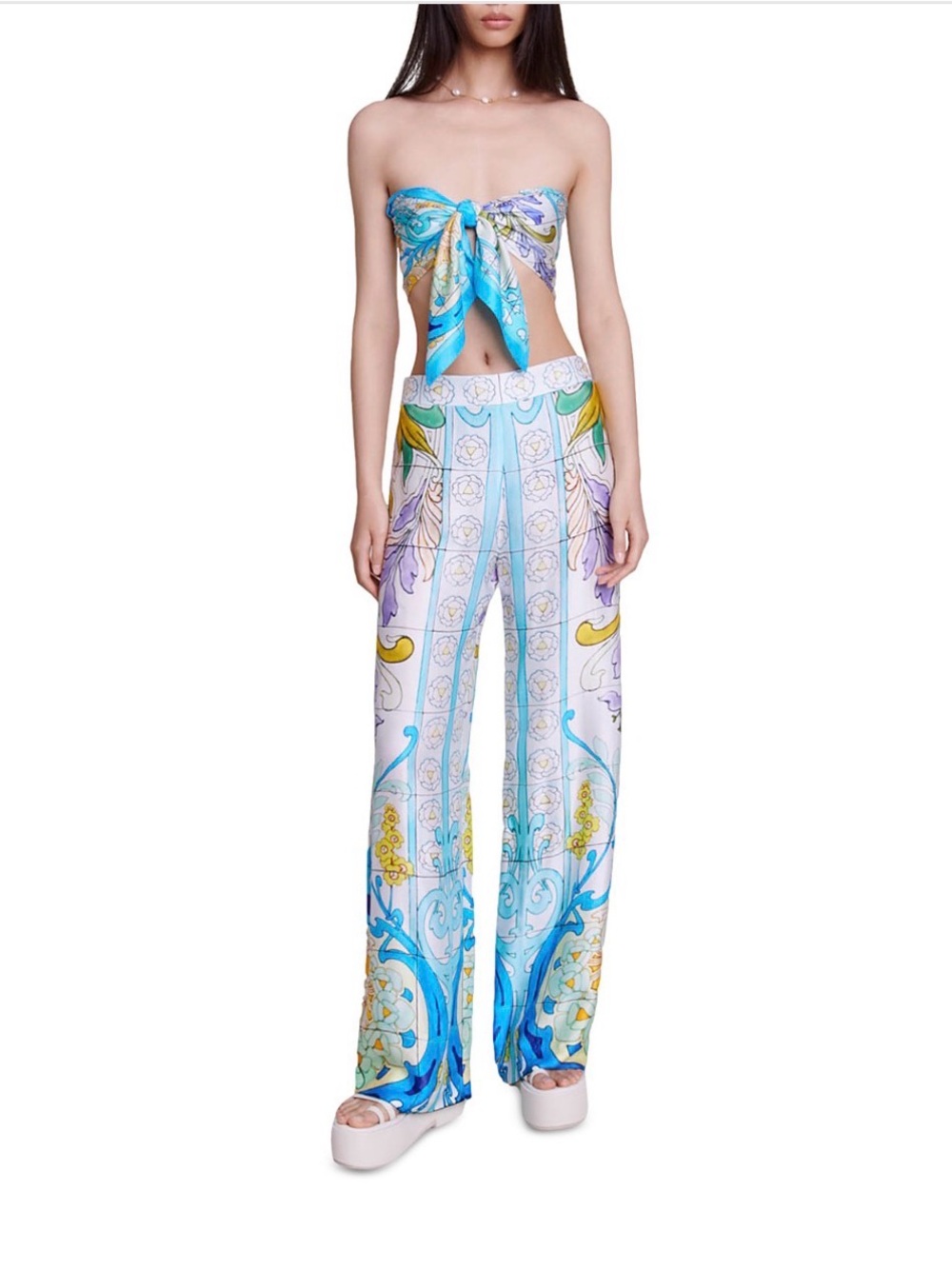 Brand New! Maje Blue, White & Yellow Baroque-Print Wide-Leg Pants